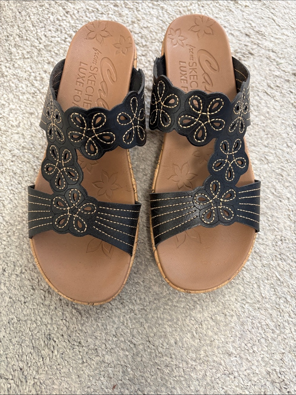 Skechers Black Floral Cutout Slide Sandals with Tan Footbed